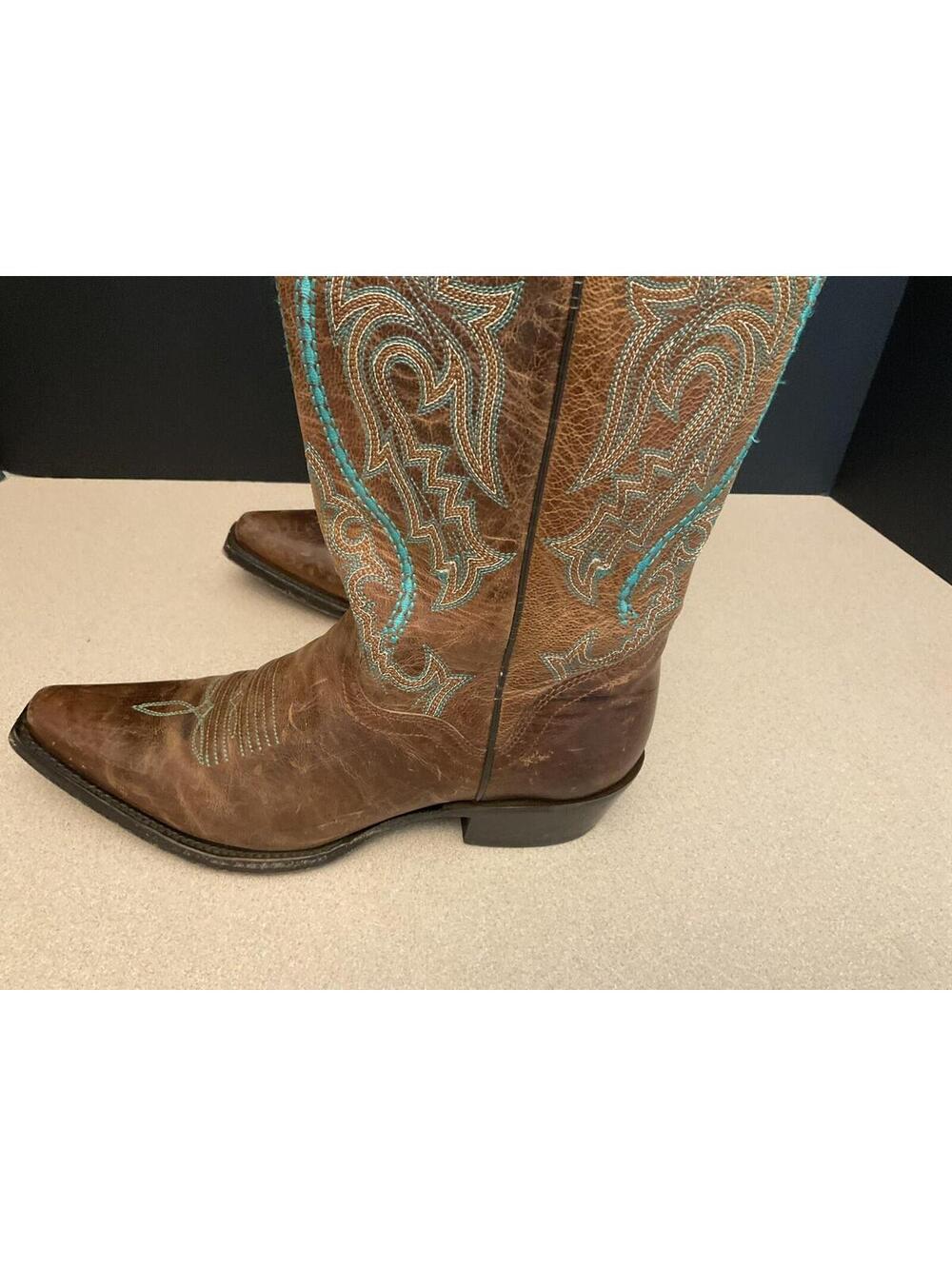 Womens JB Dillon Brown Leather Cowboy Boots W/ Turquoise Embroidery. Size 6B. - Picture 7 of 11